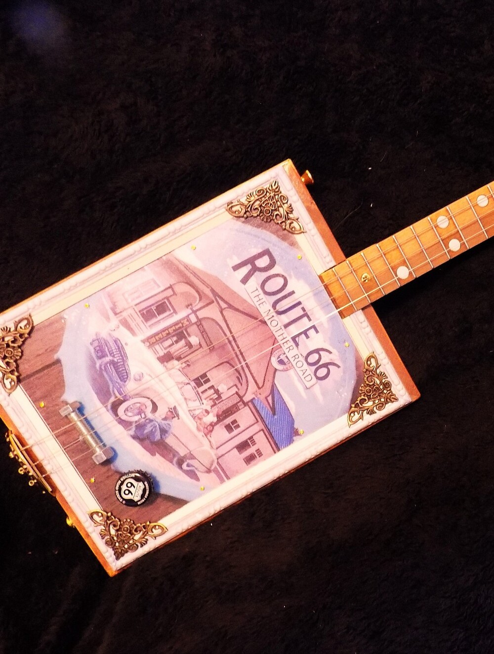 Route 66 The Mother Road Cigar Box Guitar - Pink Artwork